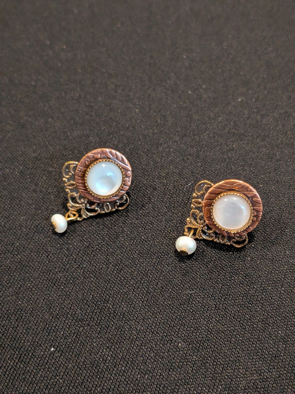 Vintage 1950s -Inspired Moonstone and Pearl Drop Earrings - Rose Gold Tone